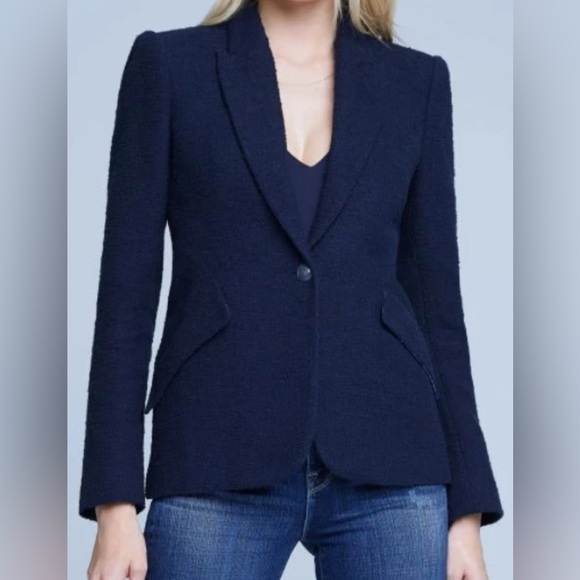 L'AGENCE Chamberlain Boucle Tweed Blazer Jacket Navy Blue Size 14 - Picture 3 of 11